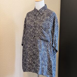 Eileen Fisher Silk Button Front Tunic Shirt Blue Gray Print Size L